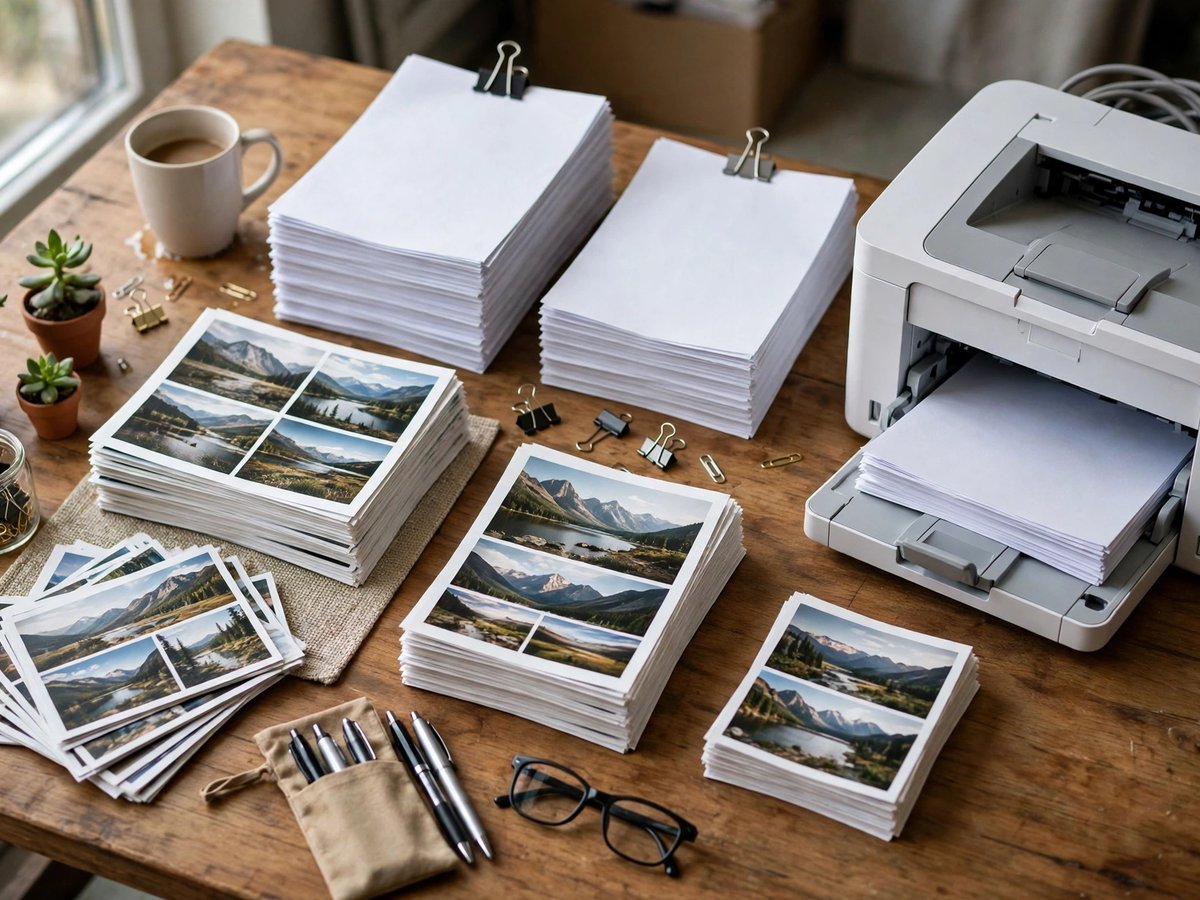 An office desk with a white printer beside neat stacks of paper and printed landscape photographs