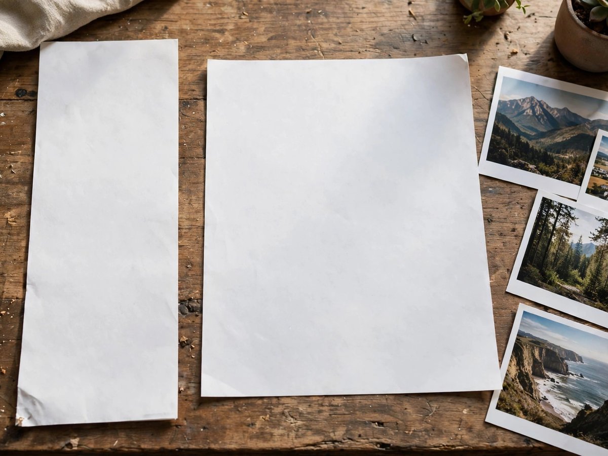 Two blank paper sheets of different proportions lying side by side on a wooden desk beside printed photographs