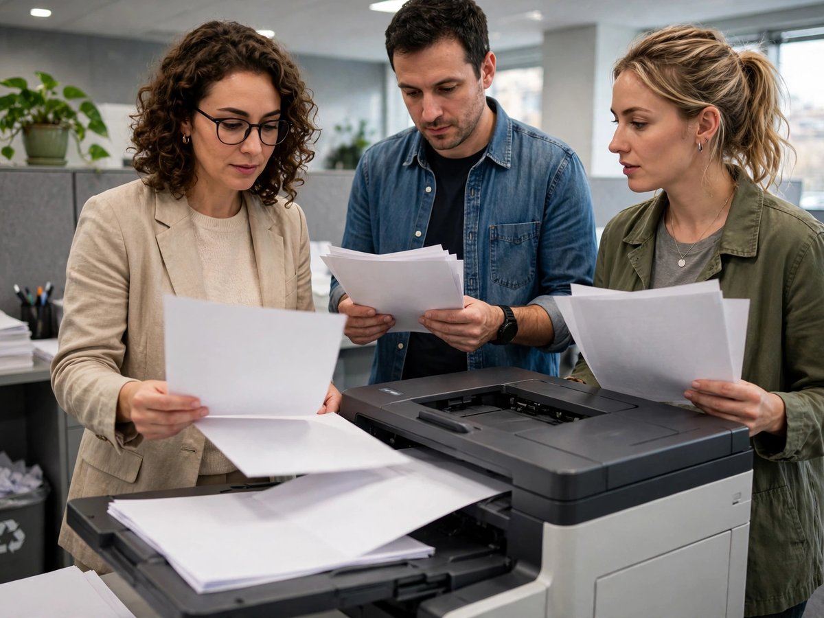 Three colleagues standing at an office printer holding freshly printed pages with wide white margins