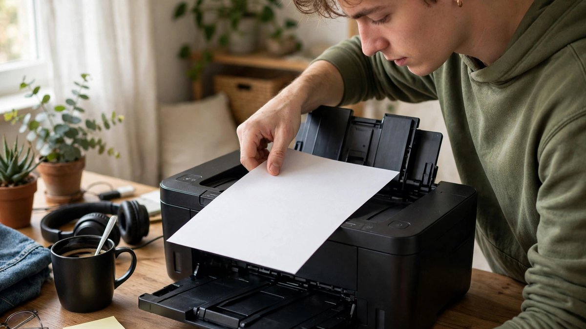 A person loading a blank sheet of paper into a black home printer on a wooden desk