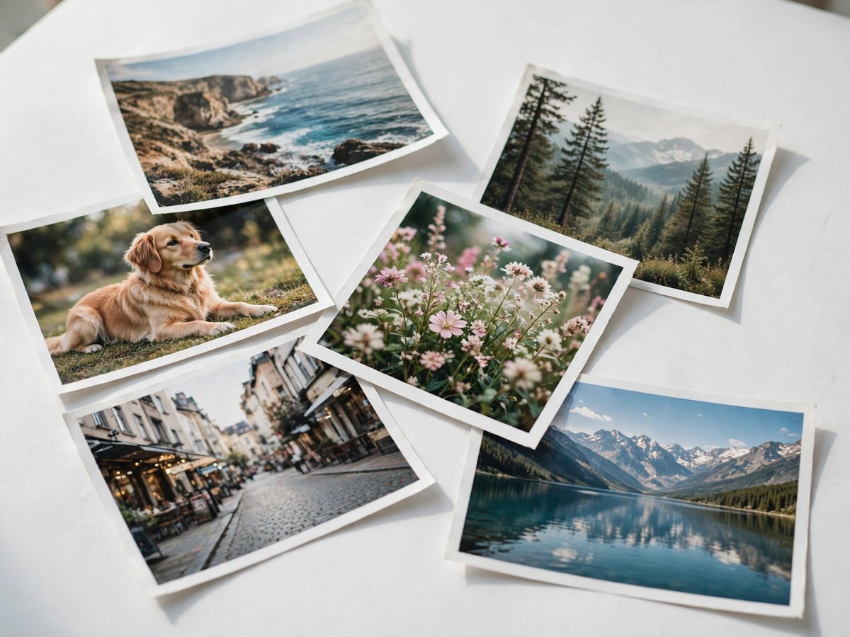 Loose printed photos of a dog, coastline, flowers, mountains and a lake laid out on a clean white surface in soft daylight
