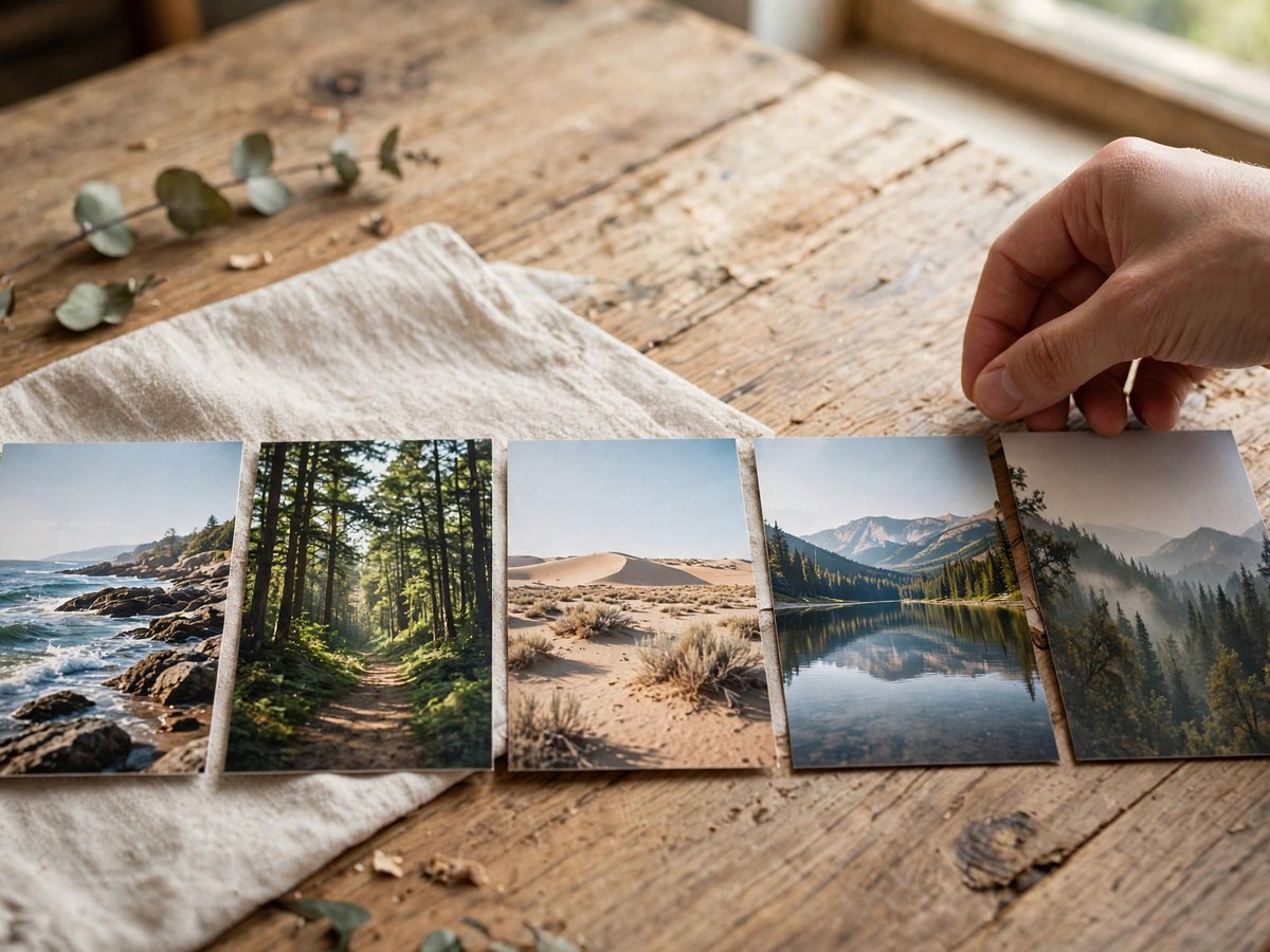 A hand placing a printed landscape photograph into a neat row of other photographs on a wooden table