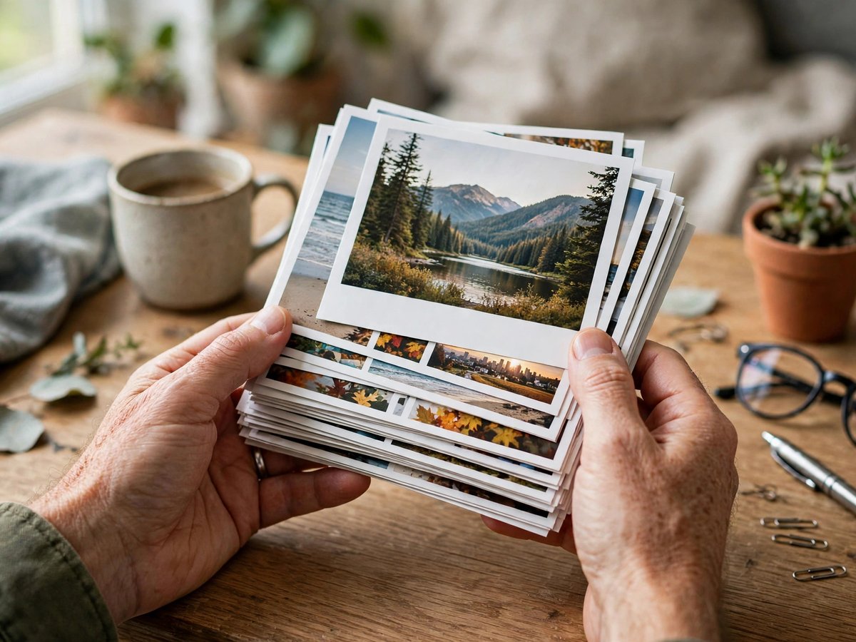 Hands holding a tidy stack of printed photographs above a wooden desk with a coffee mug and glasses
