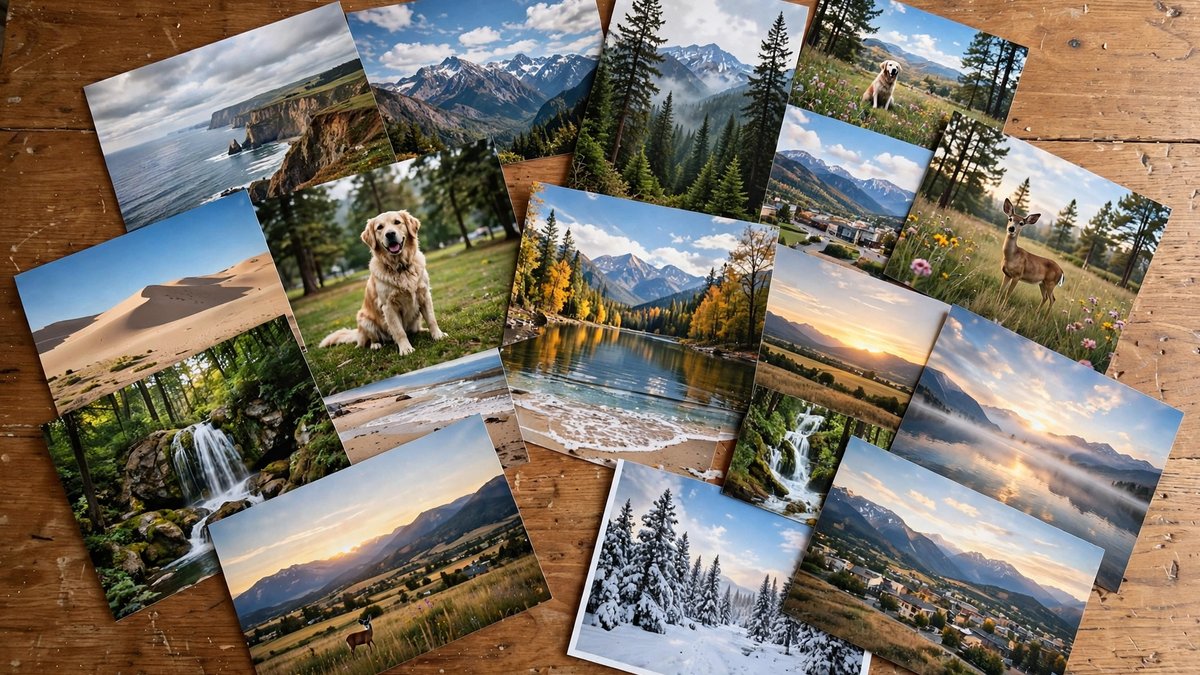 Many printed landscape and animal photographs spread out across a warm wooden table
