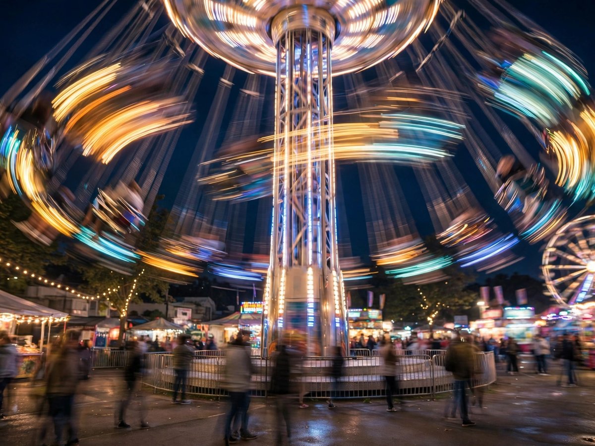 A spinning fairground swing ride at night streaked with sweeping arcs of motion-blurred coloured lights