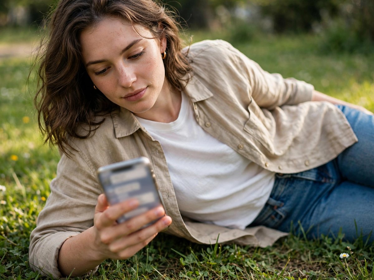 A woman reclining on grass outdoors looking at her smartphone, its screen showing only blurred generic message shapes