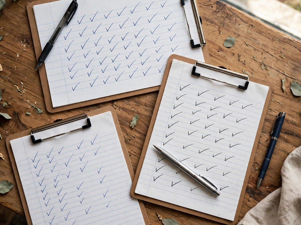 Three clipboards with lined paper covered only in handwritten check marks and pens, seen from above on a wooden table