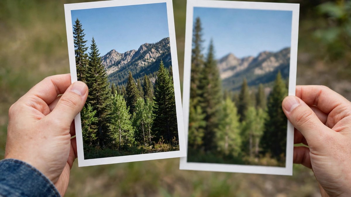 Hands holding two prints of the same mountain forest scene side by side, one sharp and detailed and the other noticeably soft and blurry