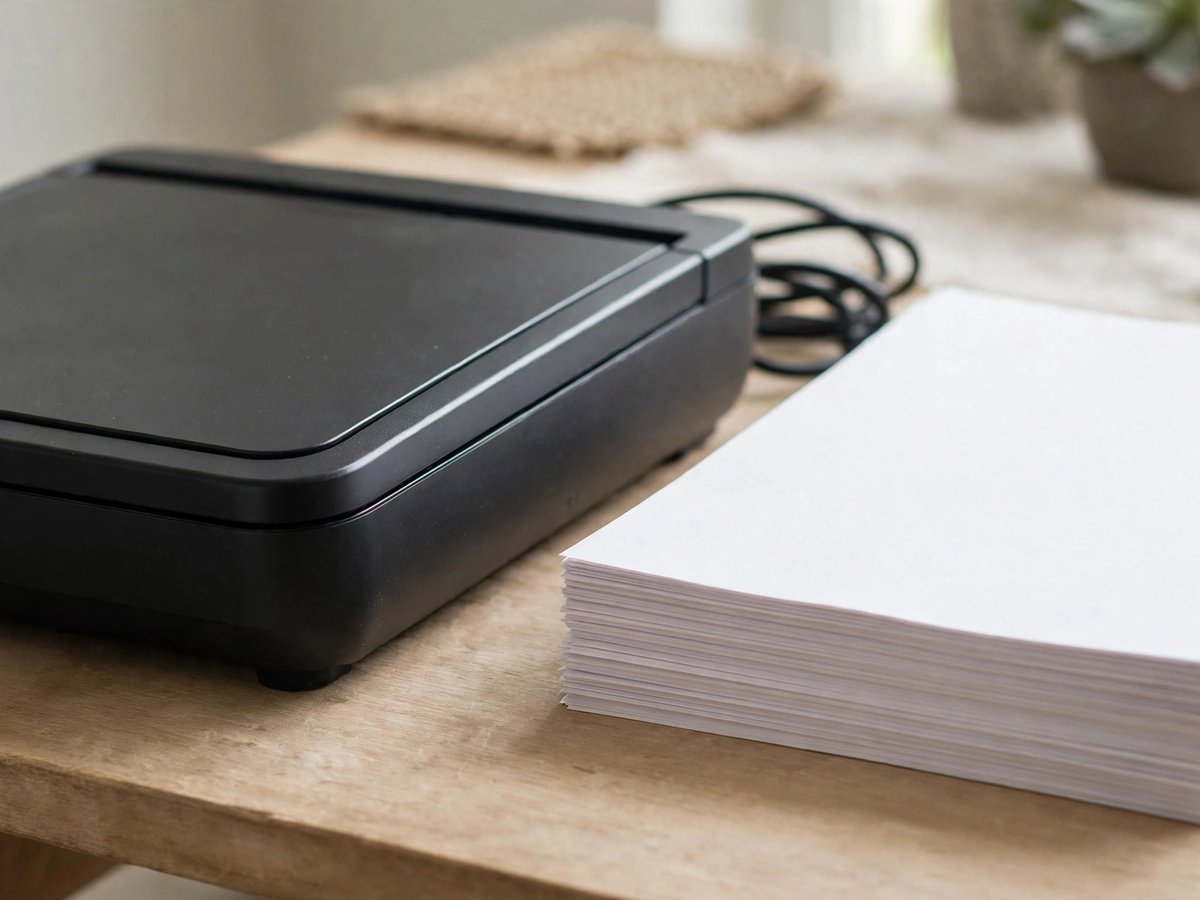 A clean black flatbed scanner on a wooden desk beside a neat stack of blank paper