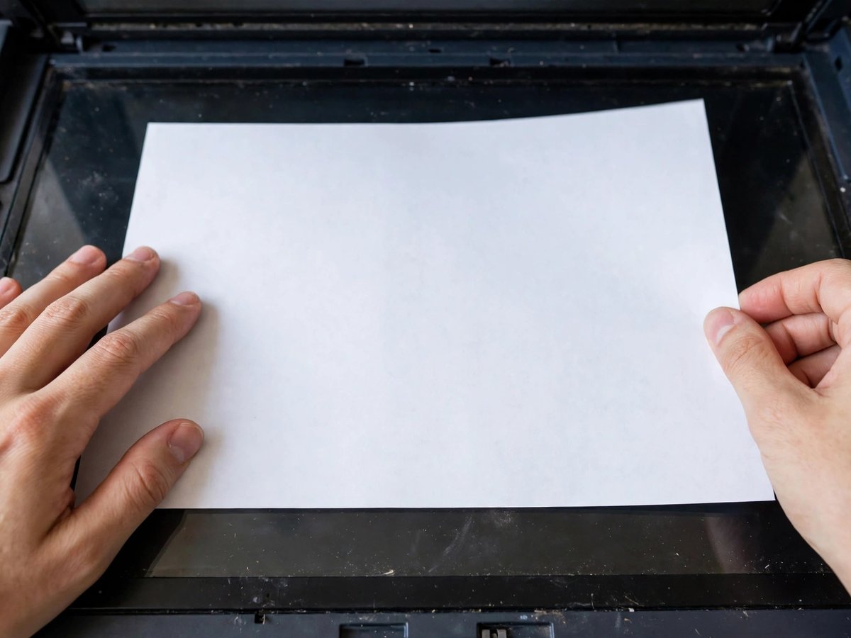 Hands placing a blank paper page flat on an open scanner bed, viewed from above