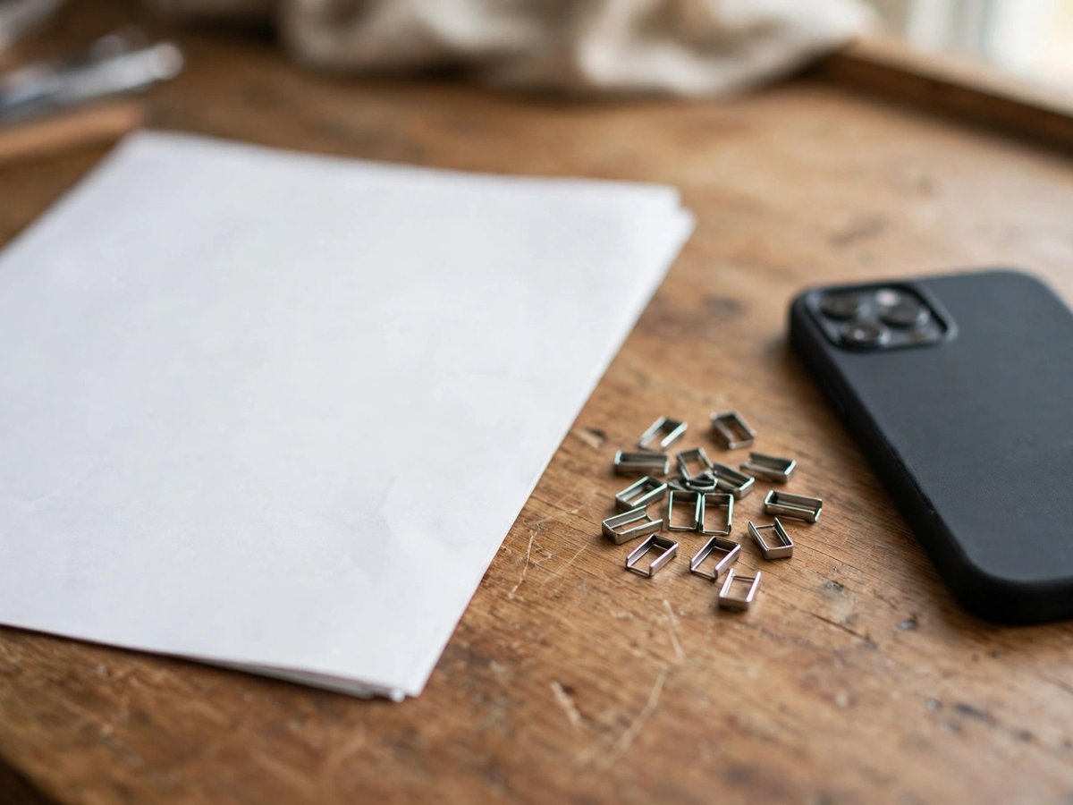 A blank-looking document on a wooden desk with removed staples beside it and a smartphone nearby