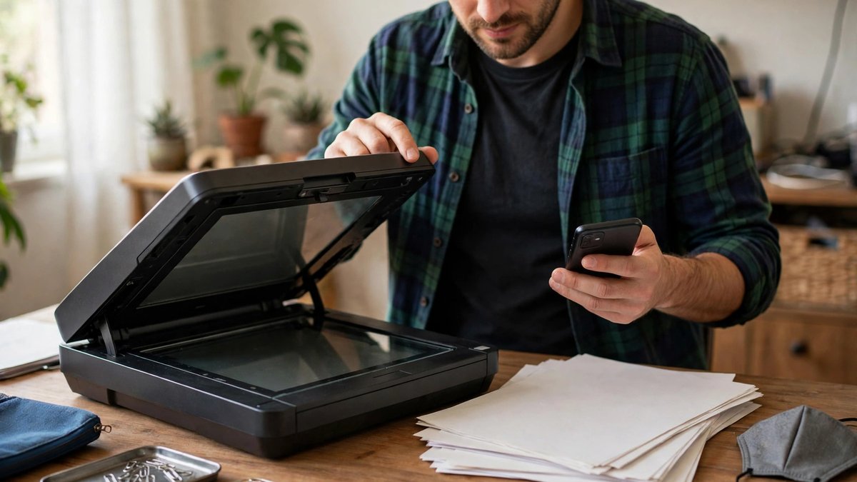 A man opening a flatbed scanner while holding a smartphone, with a stack of blank paper pages on the desk