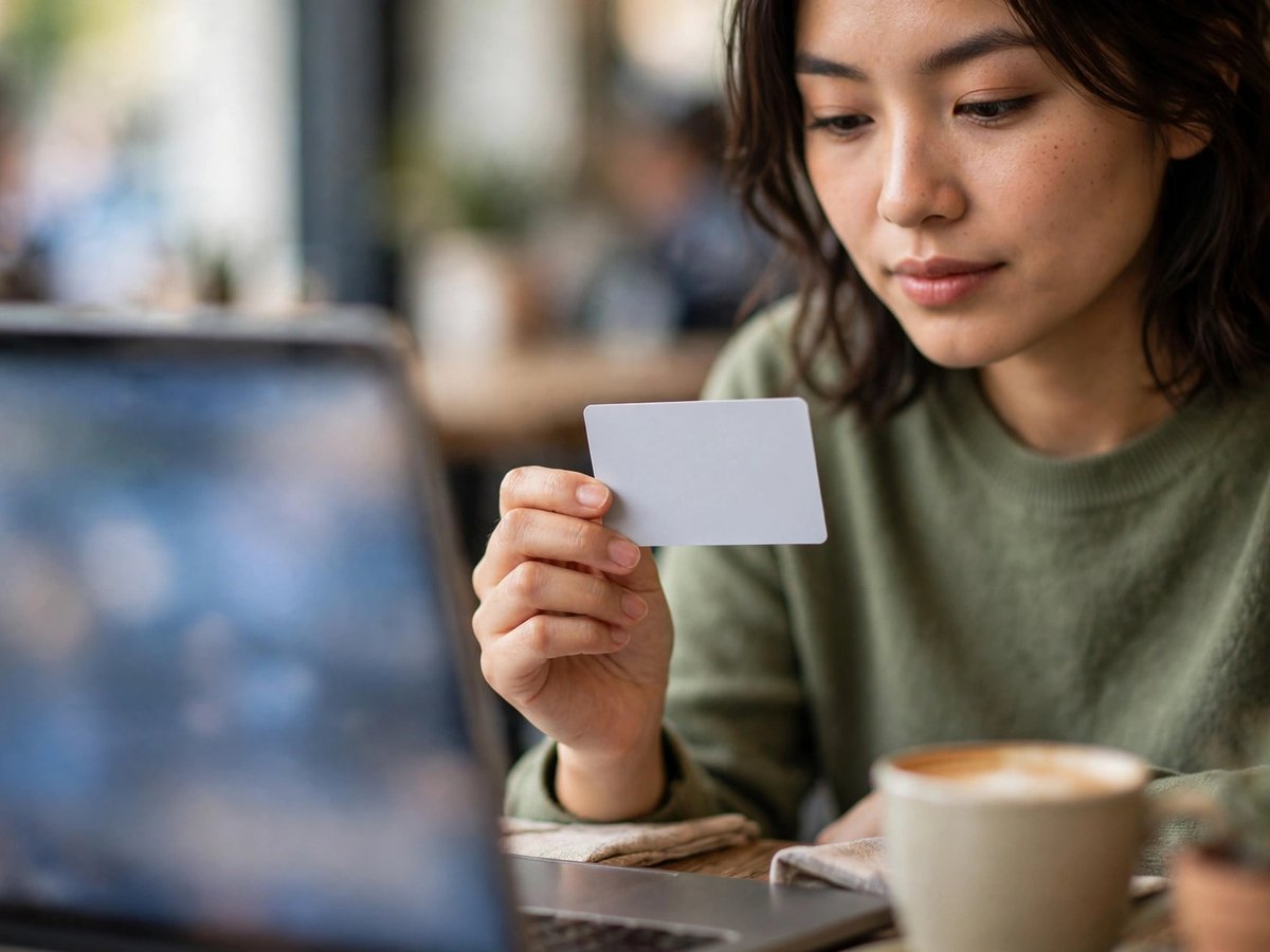 Woman at a cafe table holding a blank payment card beside a blurred laptop screen