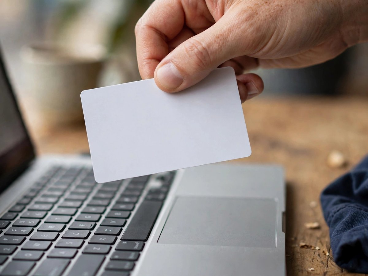 Close-up of a hand holding a featureless blank card over a laptop keyboard