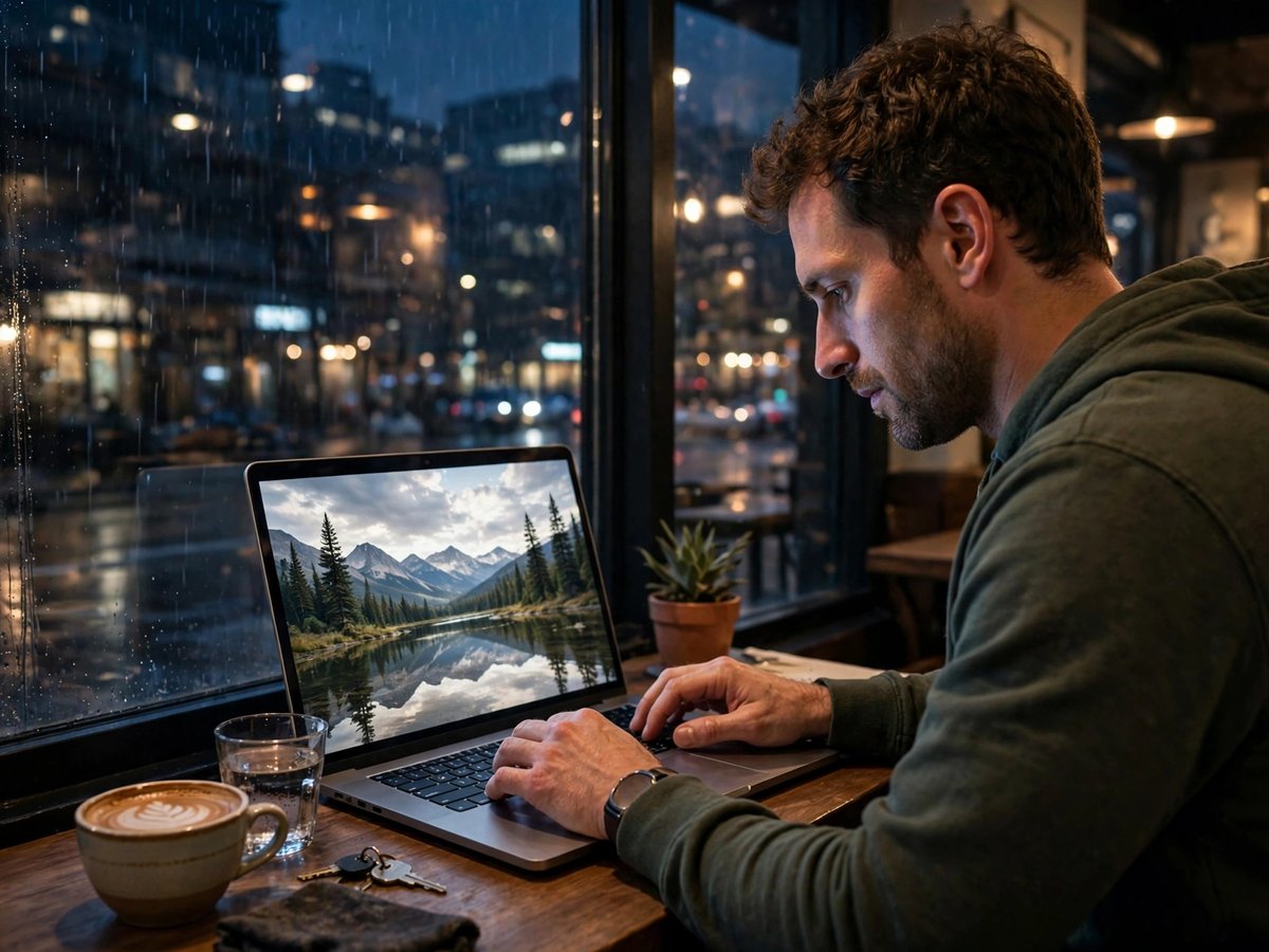 Man working on a laptop by a rainy cafe window at night, its screen showing a mountain lake landscape