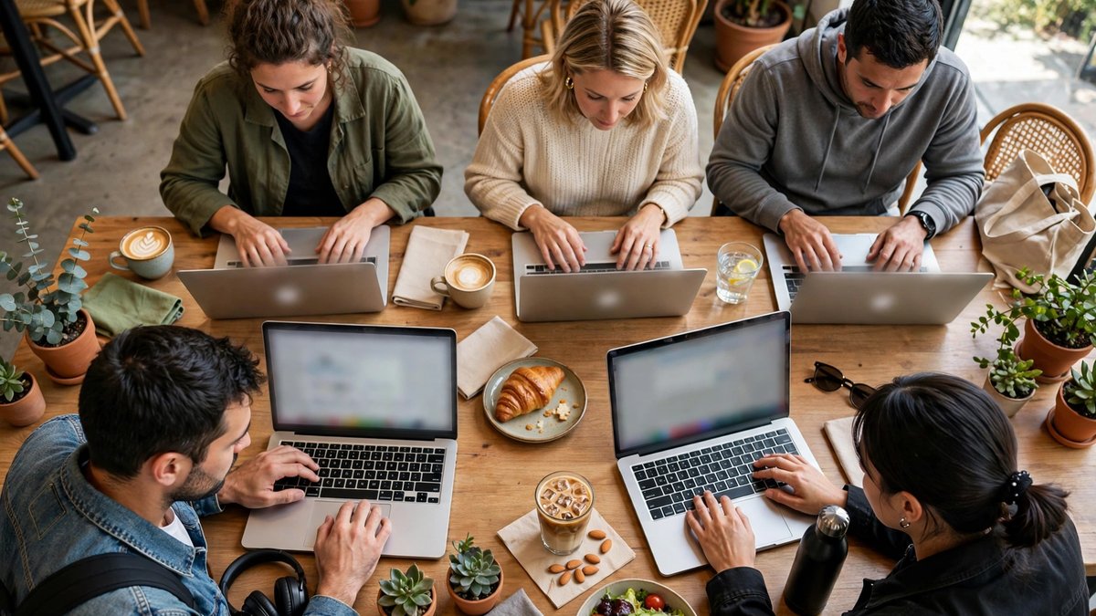 Overhead view of five people working on laptops around a wooden table in a bright cafe