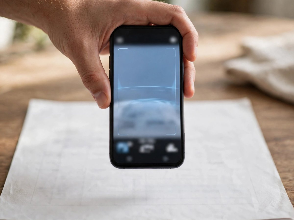 Hand holding a smartphone over a faint, unreadable paper document on a wooden desk to scan it