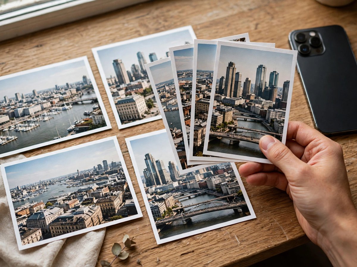 Hand fanning printed cityscape photographs on a wooden desk beside a black iPhone