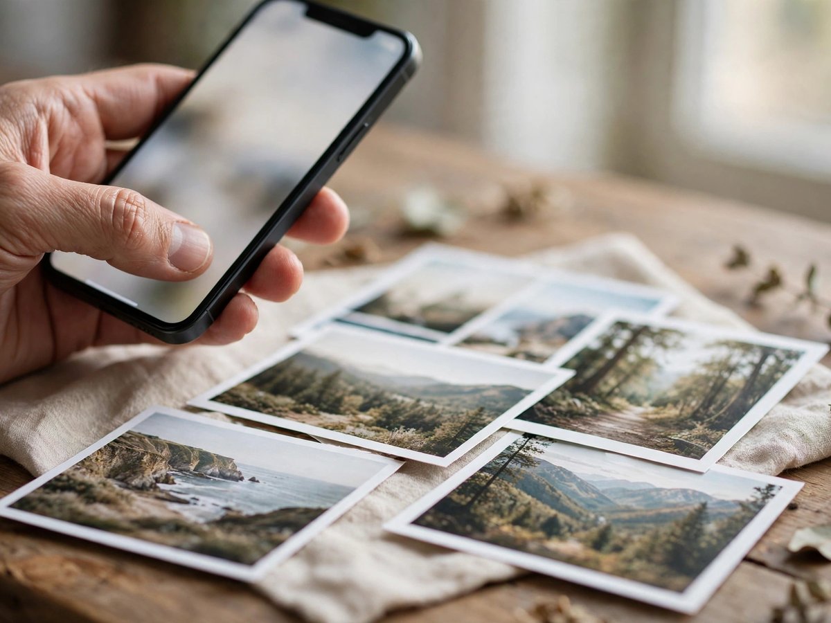 Hand holding a blurred-screen iPhone above printed landscape photographs spread on a desk