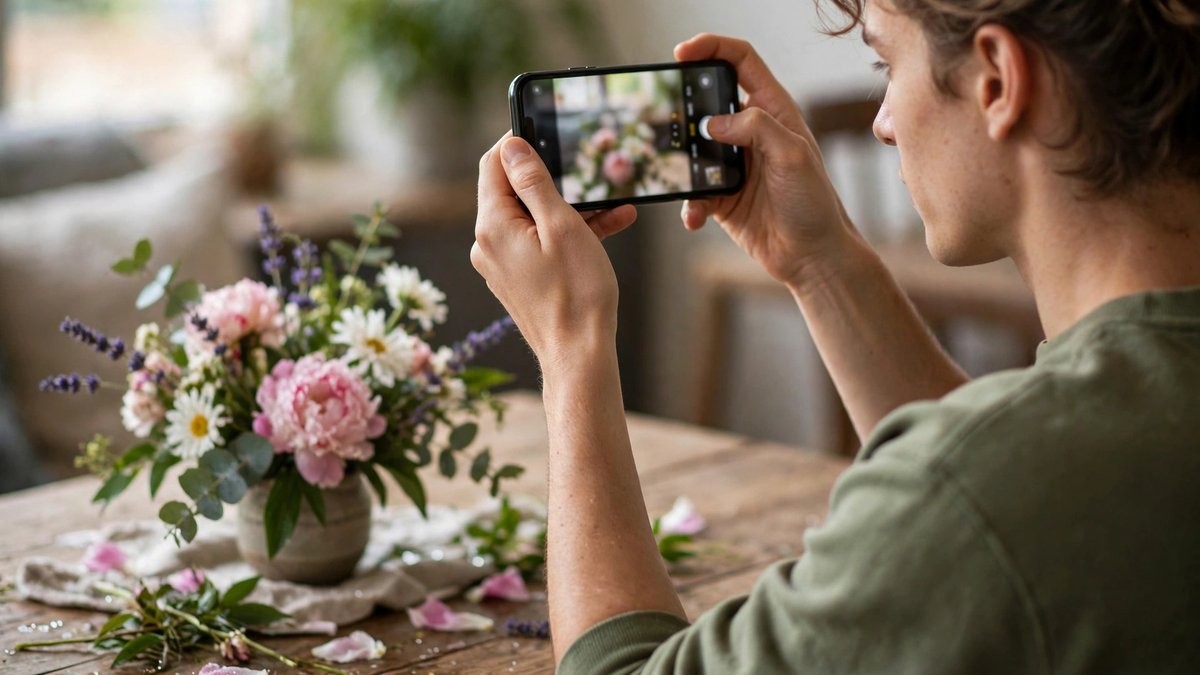Person photographing a vase of pink and white flowers on a wooden table with a smartphone