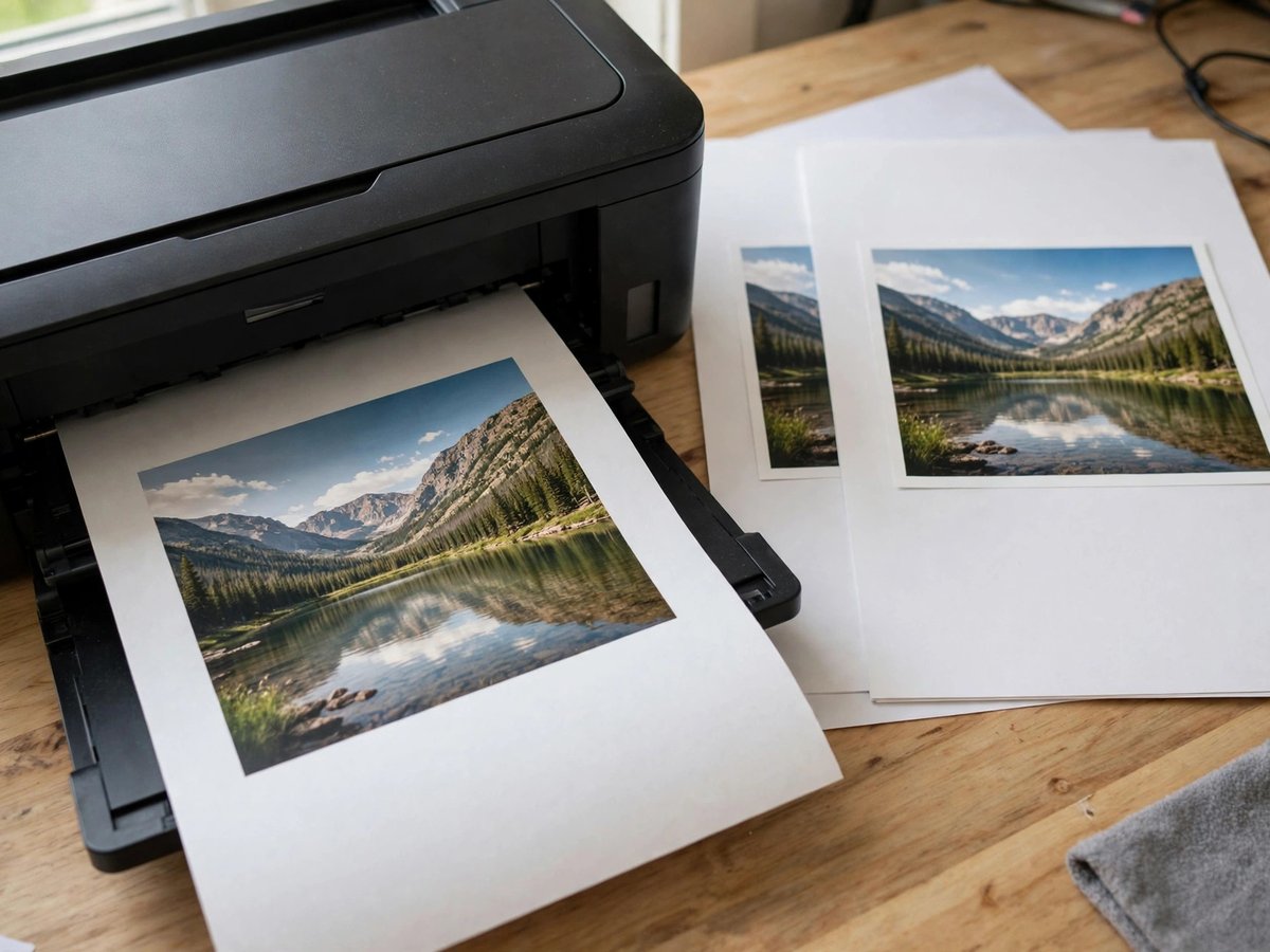 A home printer producing a page with a landscape photograph, with finished photo pages beside it