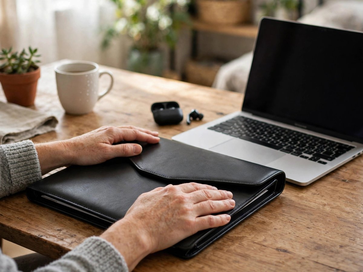 Hands resting on a closed document folder beside a laptop on a private home desk