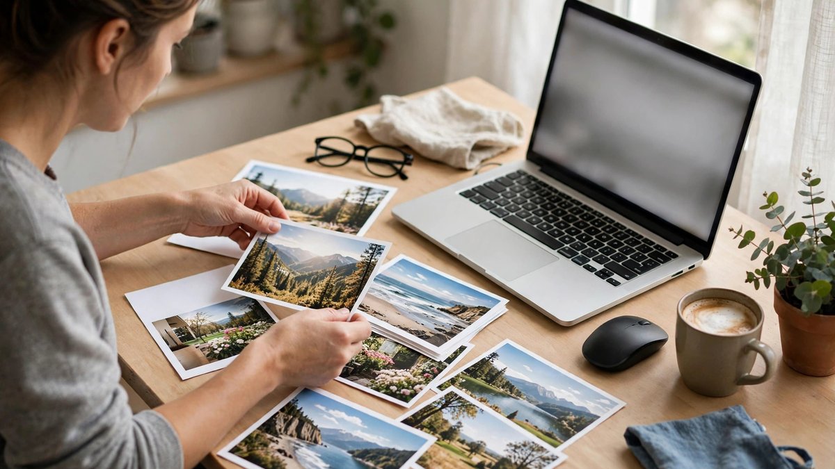 A person arranging printed landscape photographs beside a laptop on a bright home desk