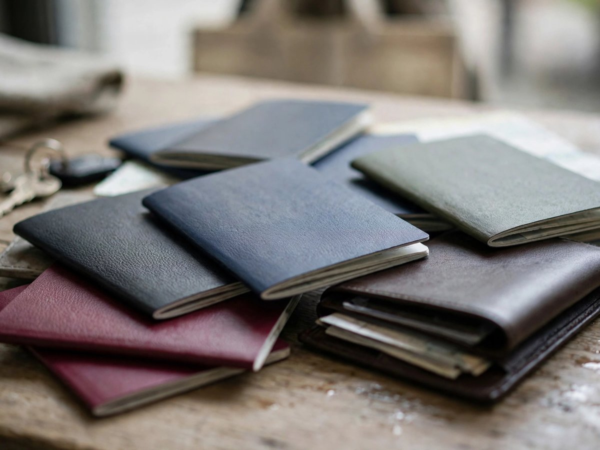 Several blank passport booklets in blue, burgundy and grey arranged on a wooden table