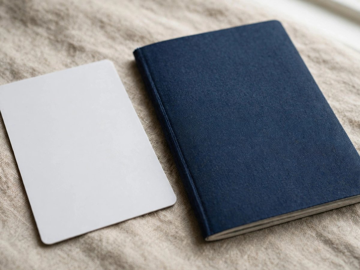 Close-up of a completely blank white card beside a dark-blue passport booklet on fabric