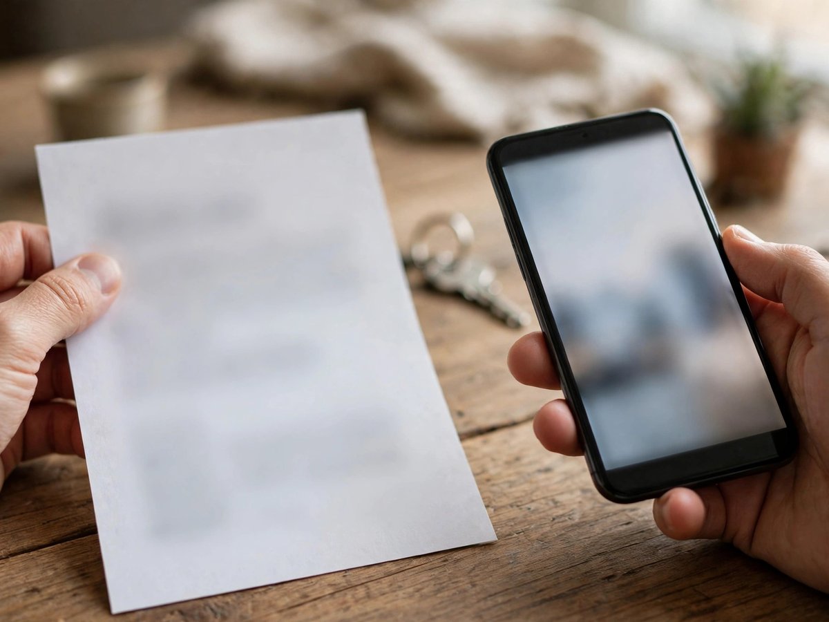 Hands holding a blurred paper sheet beside a smartphone with a blurred screen on a desk