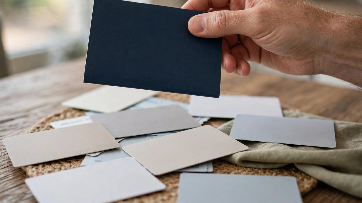 Hand holding a plain dark-blue booklet over blank travel cards on a wooden table