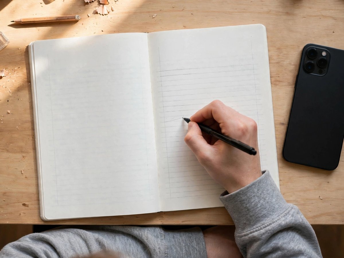 Overhead view of a hand writing in a lined notebook on a wooden desk beside a black smartphone