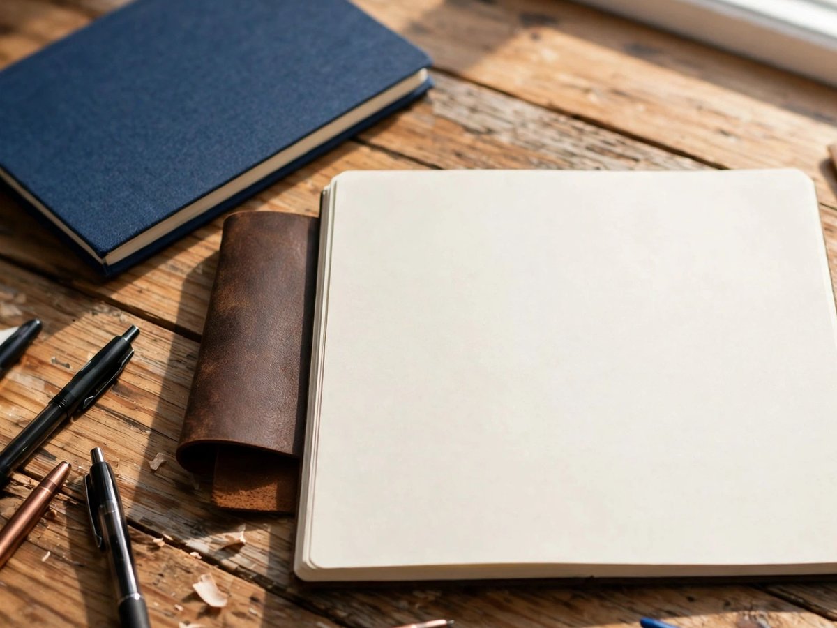 Blank notebook lying flat on a sunlit wooden desk with pens and another notebook nearby
