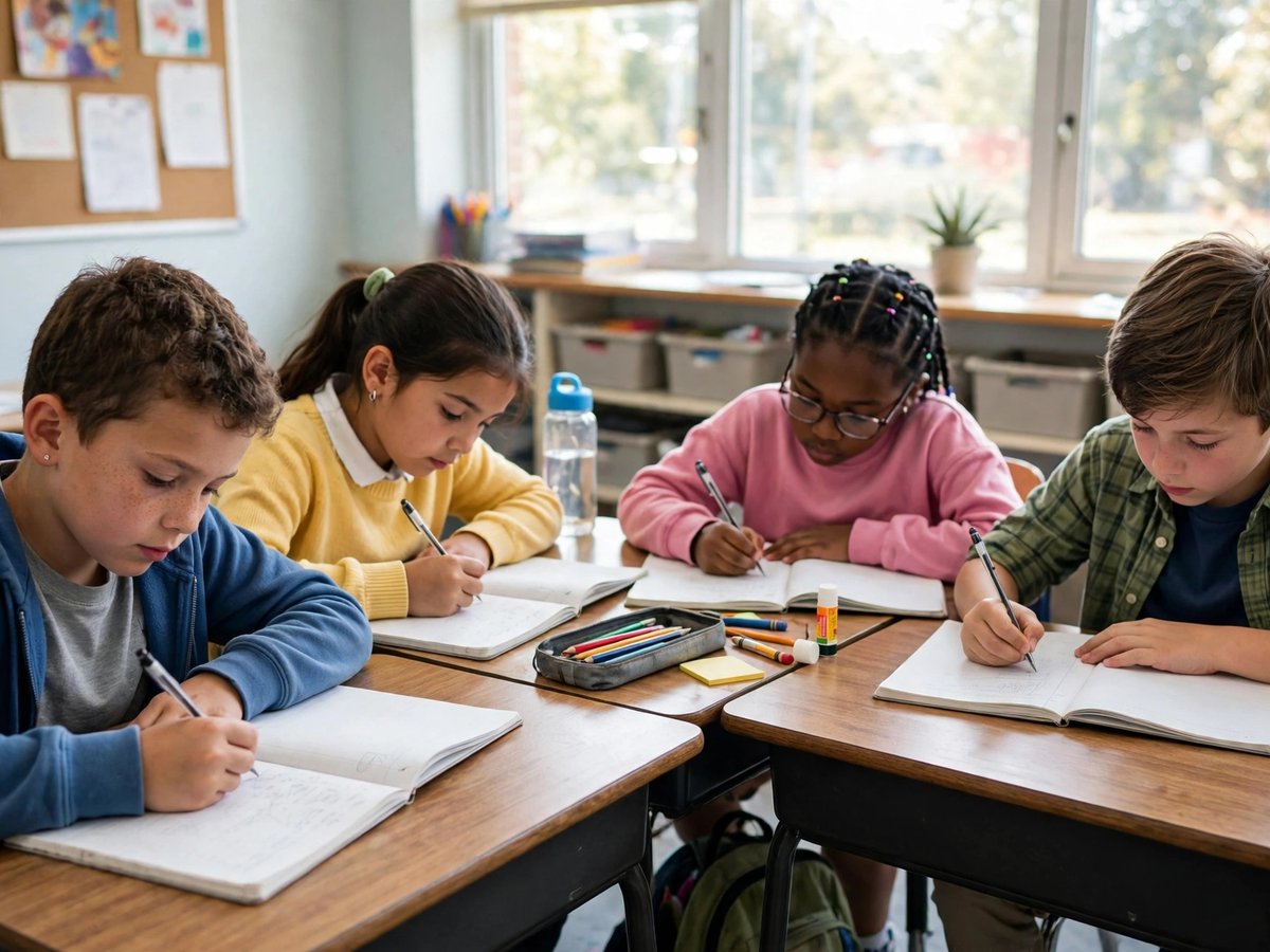 Four schoolchildren writing in notebooks at desks in a bright classroom with large windows