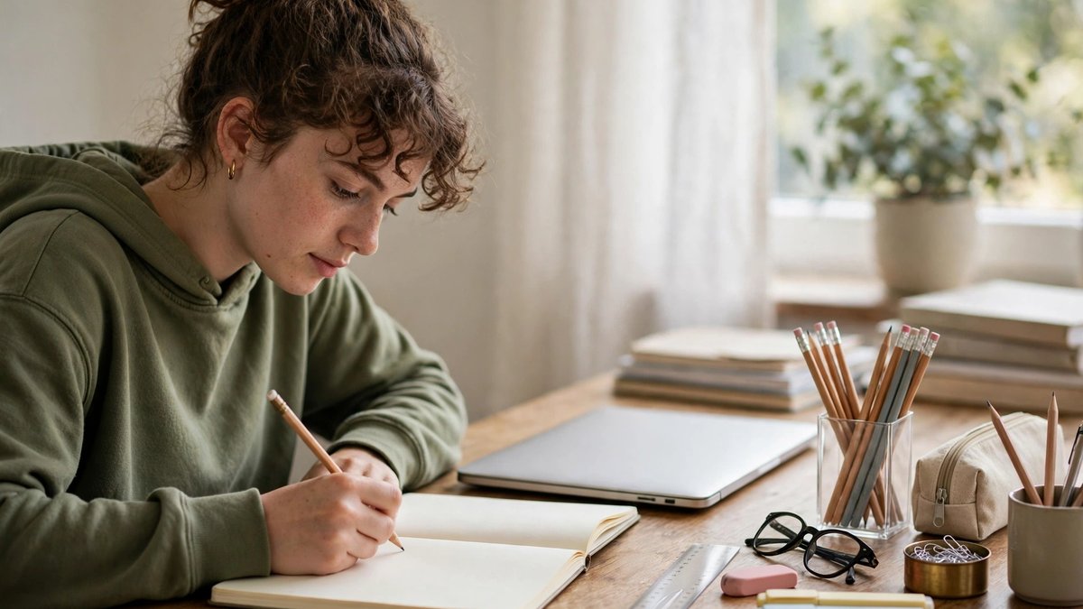Student in a green hoodie writing in a blank notebook at a wooden desk with a closed laptop and neatly arranged pencils and supplies