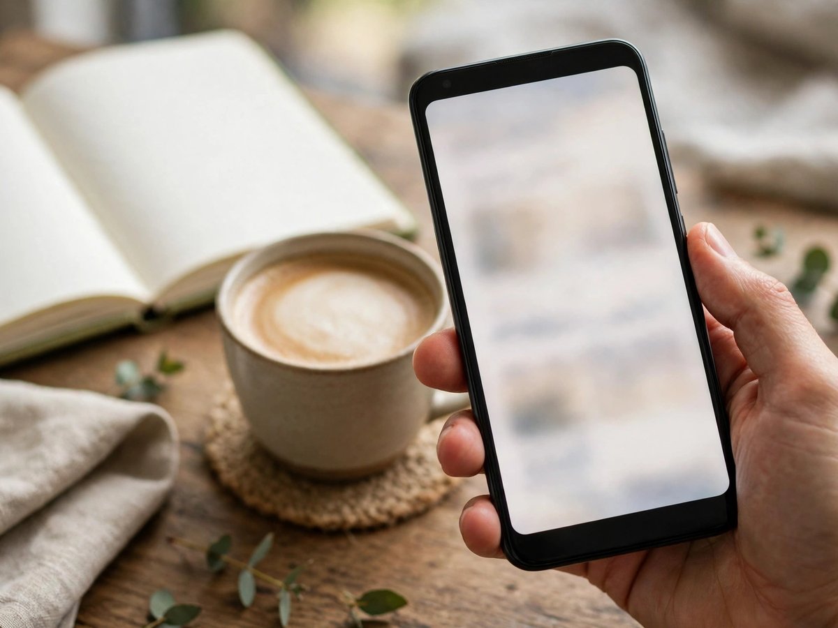 Hand holding an Android phone with a blurred page on screen beside a cup of coffee and an open notebook