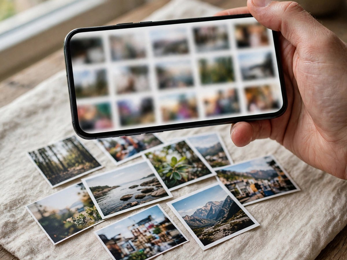 Hand holding a smartphone showing blurred photo thumbnails over a spread of printed photographs