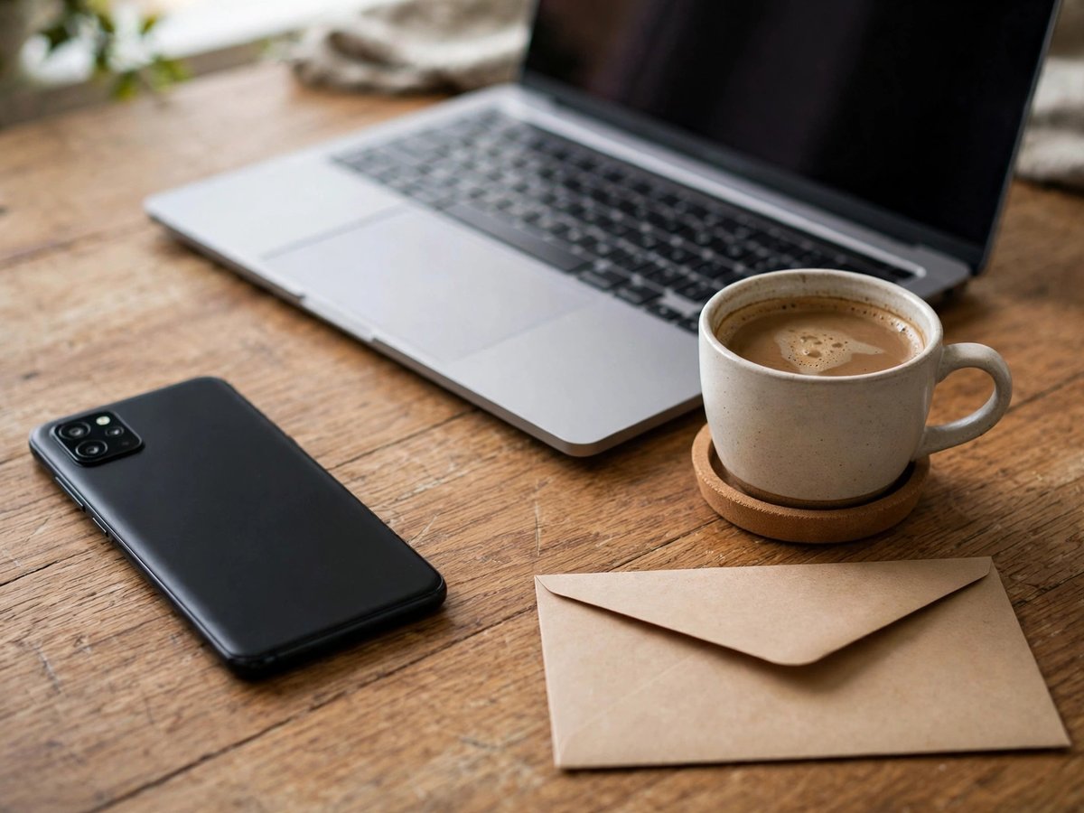 Android smartphone and laptop on a wooden desk with a cup of coffee and a plain envelope