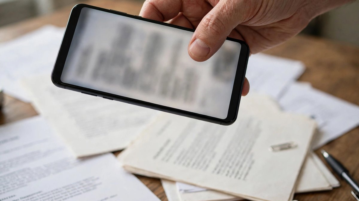 Hand holding an Android smartphone with a blurred document on its screen above printed papers on a desk