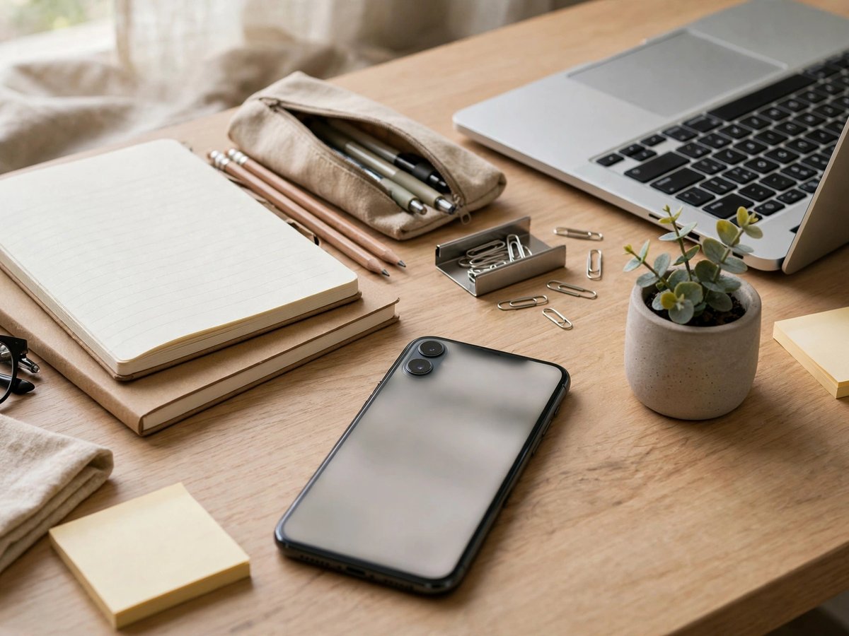 An iPhone lying face-down on a tidy wooden desk beside a laptop, notebooks, pencils and stationery