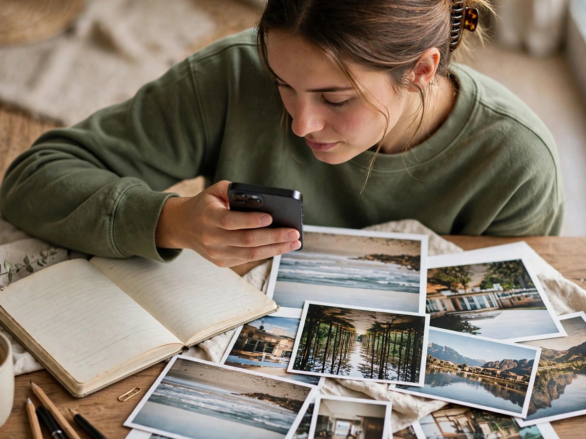 A woman holding an iPhone over printed landscape photographs spread beside an open lined notebook at her desk