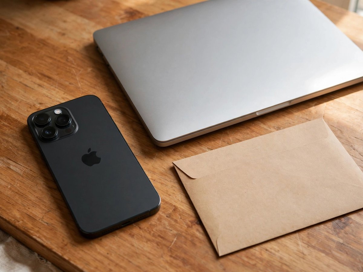 A black iPhone resting on a warm wooden desk beside a closed silver laptop and a plain brown envelope