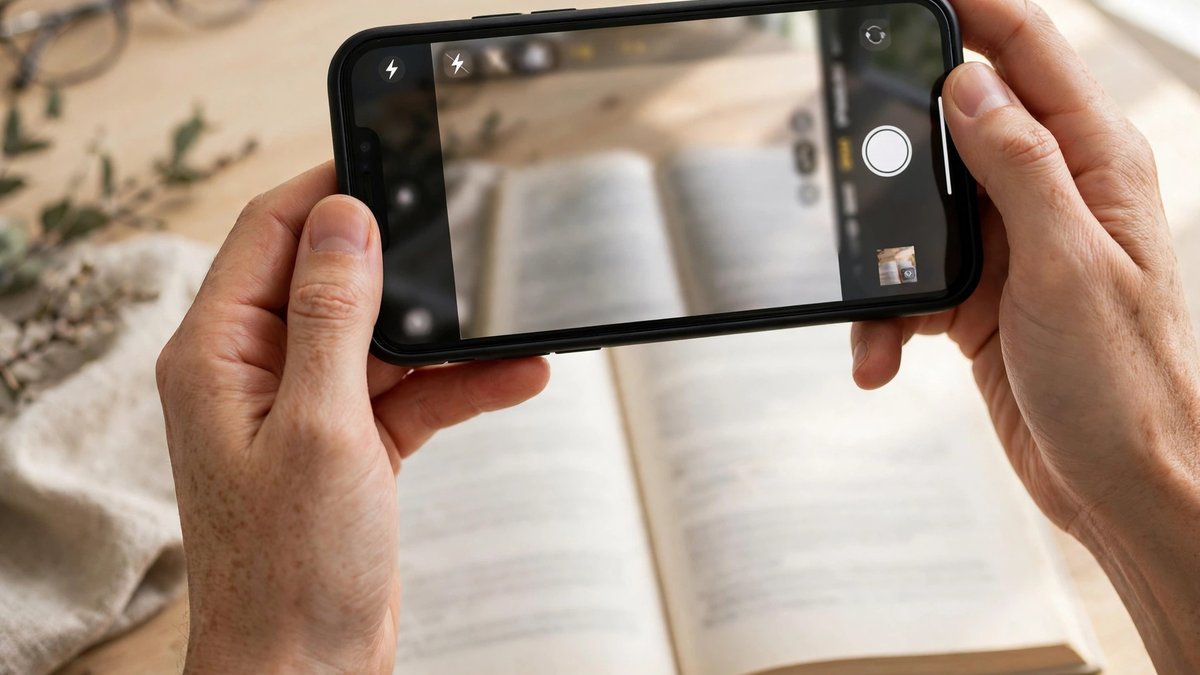 Hands holding an iPhone in camera mode above an open book on a bright desk to photograph the page