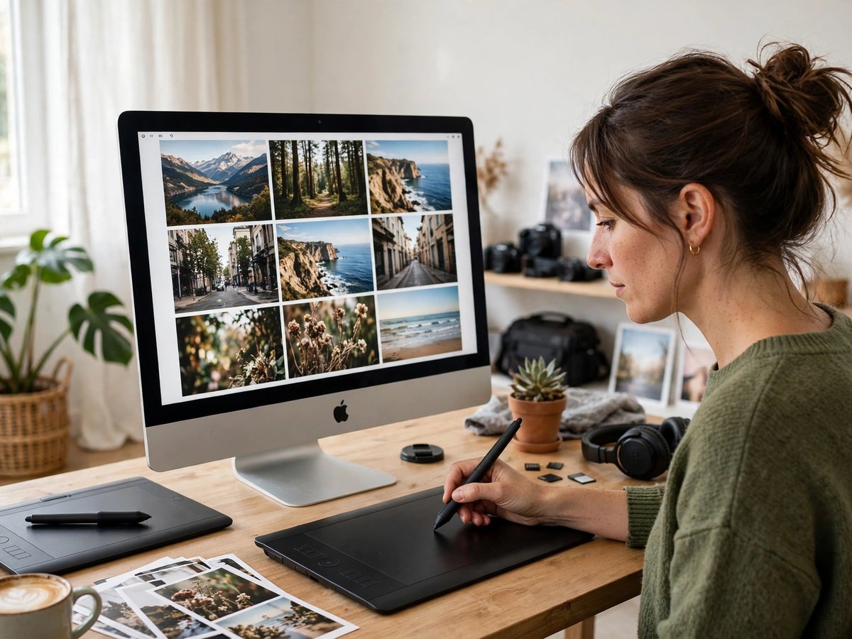 A woman using a graphics tablet to edit photographs on an iMac showing a grid of landscape images in a bright studio