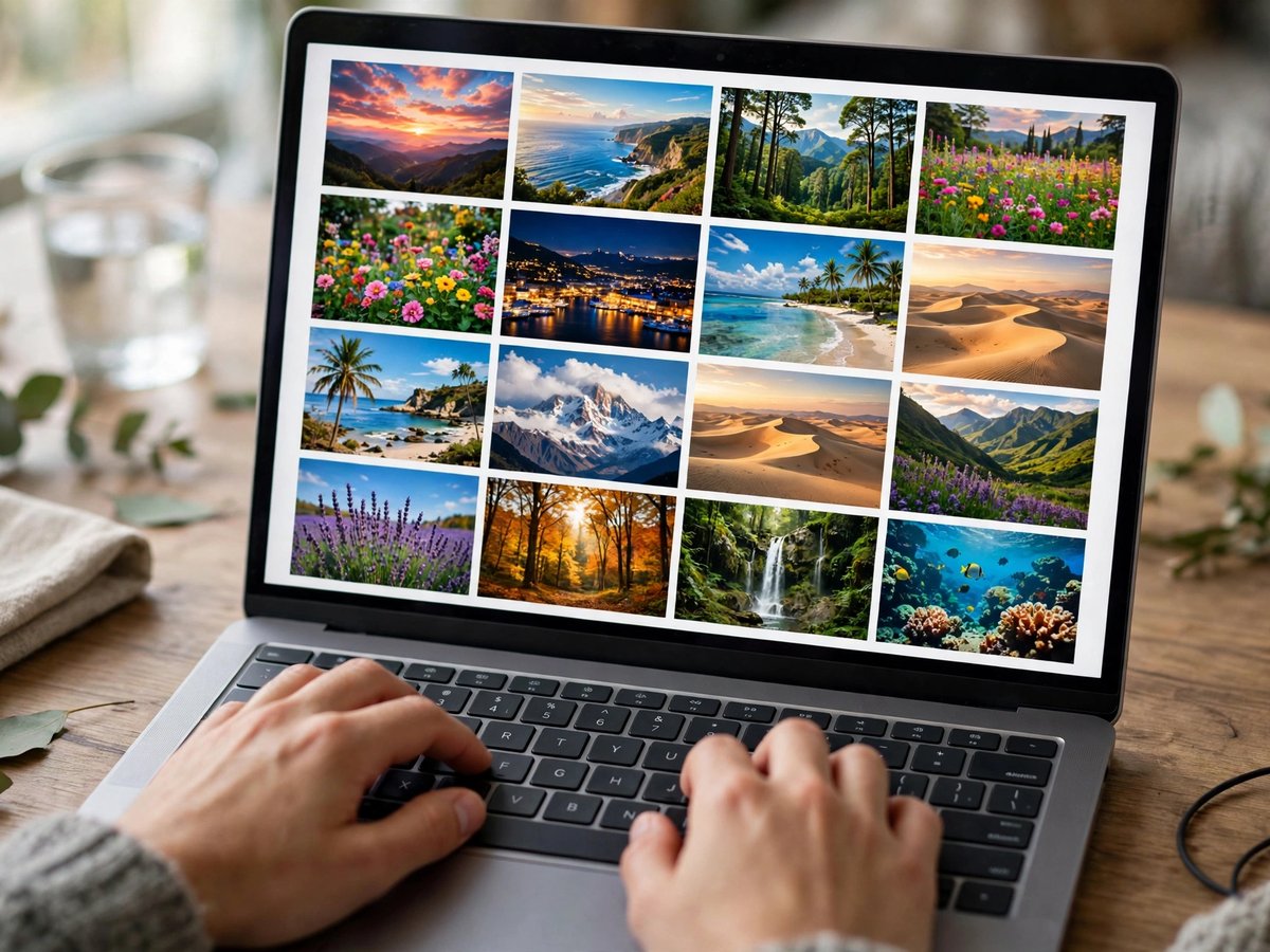 Hands on a laptop keyboard in front of a screen showing a grid of colorful landscape photograph thumbnails