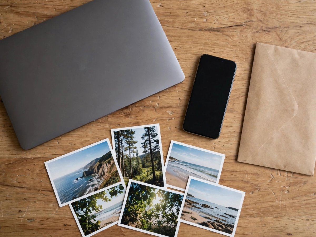 Top-down view of a closed MacBook and an iPhone on a wooden desk beside a plain envelope and printed coastal photographs