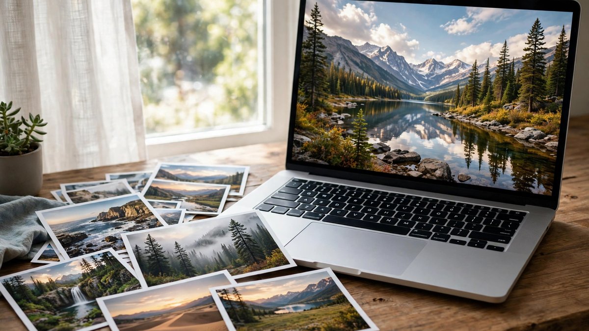 A MacBook on a wooden desk by a bright window displaying a mountain lake landscape, surrounded by printed landscape photographs