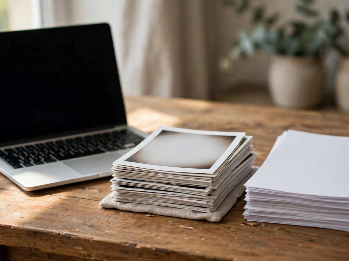 An open laptop on a wooden desk beside a neat stack of printed photographs and a stack of blank documents