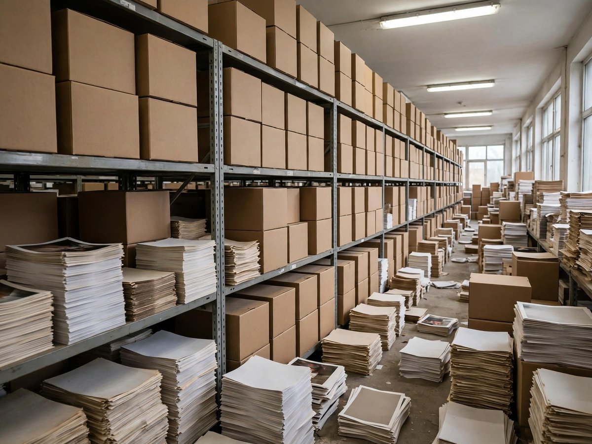 Long rows of unlabelled archive boxes and large stacks of documents in a bright storage room