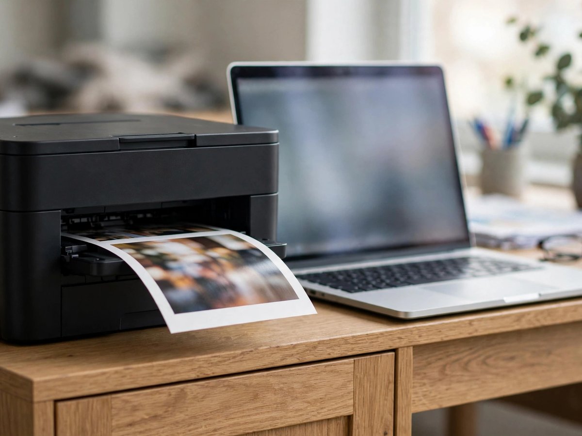 A modern office printer with a photo page emerging, beside a laptop with a blurred screen on a wooden cabinet